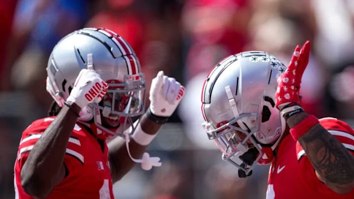 September 10, 2022; Columbus, Ohio, USA; Ohio State Buckeyes wide receiver Emeka Egbuka (2) celebrates with wide receiver Xavier Johnson (10) after scoring a touchdown against the Arkansas State Red Wolves at Ohio Stadium. Mandatory Credit: Joseph Scheller-The Columbus DispatchOsu22asu Js