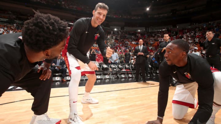 Justise Winslow #20, Goran Dragic #7, and Bam Adebayo #13 of the Miami Heat (Photo by Issac Baldizon/NBAE via Getty Images)