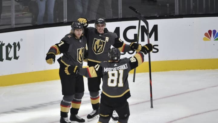 LAS VEGAS, NEVADA - OCTOBER 02: Reilly Smith #19 of the Vegas Golden Knights celebrates after scoring a goal during the first period against the San Jose Sharks at T-Mobile Arena on October 02, 2019 in Las Vegas, Nevada. (Photo by Chris Unger/NHLI via Getty Images)