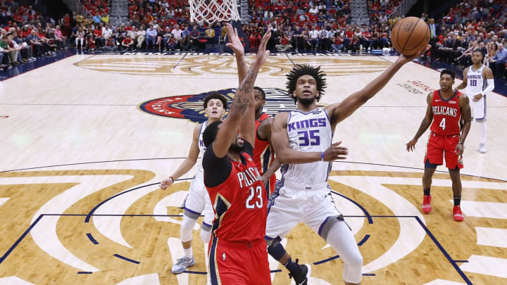 NEW ORLEANS, LA – OCTOBER 19: Marvin Bagley III #35 of the Sacramento Kings shoots against Anthony Davis #23 of the New Orleans Pelicans during the first half at the Smoothie King Center on October 19, 2018 in New Orleans, Louisiana. NOTE TO USER: User expressly acknowledges and agrees that, by downloading and or using this photograph, User is consenting to the terms and conditions of the Getty Images License Agreement. (Photo by Jonathan Bachman/Getty Images)