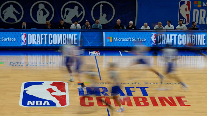 May 17, 2023; Chicago, Il, USA; Players scrimmage during the 2023 NBA Draft Combine at Wintrust Arena. Mandatory Credit: David Banks-USA TODAY Sports