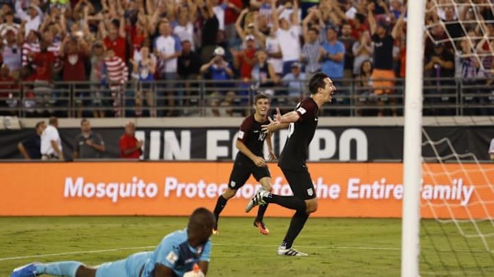 Sep 6, 2016; Jacksonville, FL, USA; United States midfielder Sasha Kljestan (16) celebrates a first half goal in a game against Trinidad & Tobago at EverBank Field. Mandatory Credit: Logan Bowles-USA TODAY Sports