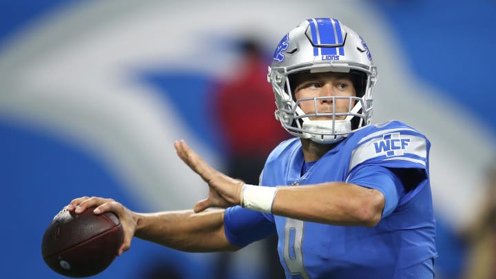 DETROIT, MI – AUGUST 17: Matthew Stafford #9 of the Detroit Lions throws a first half pass while playing the New York Giants during a preseason game at Ford Field on August 17, 2017 in Detroit, Michigan. (Photo by Gregory Shamus/Getty Images)