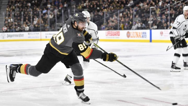LAS VEGAS, NEVADA - JANUARY 09: Alex Tuch #89 of the Vegas Golden Knights shoots the puck during the third period against the Los Angeles Kings at T-Mobile Arena on January 09, 2020 in Las Vegas, Nevada. (Photo by Jeff Bottari/NHLI via Getty Images)