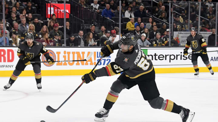 Max Pacioretty of the Vegas Golden Knights takes a shot against the Arizona Coyotes in the second period of their game at T-Mobile Arena on December 28, 2019.