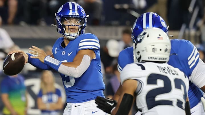 Sep 29, 2022; Provo, Utah, USA; Brigham Young Cougars quarterback Jaren Hall (3) drops back to pass in the second quarter against the Utah State Aggies at LaVell Edwards Stadium. Mandatory Credit: Rob Gray-USA TODAY Sports