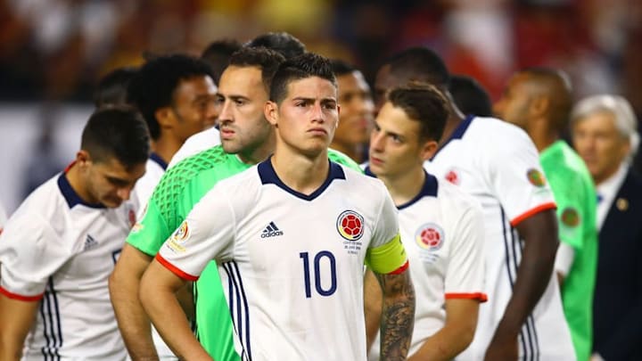 Jun 25, 2016; Glendale, AZ, USA; Colombia midfielder James Rodriguez (10) against the United States during the third place match of the 2016 Copa America Centenario soccer tournament at University of Phoenix Stadium. Mandatory Credit: Mark J. Rebilas-USA TODAY Sports