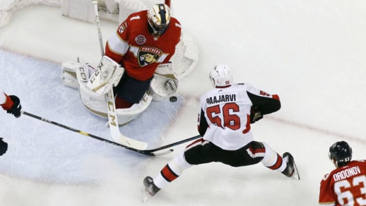 SUNRISE, FL - MARCH 3: Goaltender Roberto Luongo #1 of the Florida Panthers stops a shot by Magnus Paajarvi #56 of the Ottawa Senators at the BB&T Center on March 3, 2019 in Sunrise, Florida. The Senators defeated the Panthers 3-2. (Photo by Joel Auerbach/Getty Images)