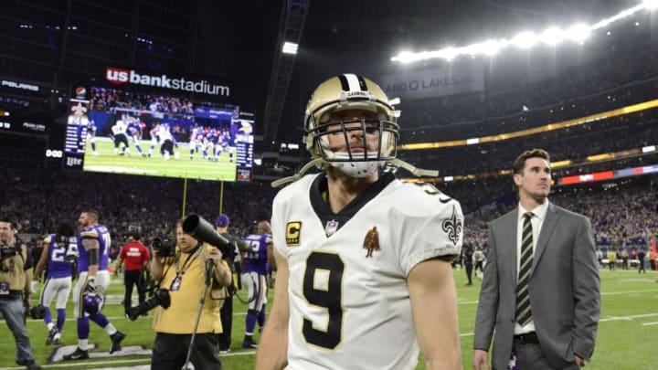 MINNEAPOLIS, MN - JANUARY 14: Drew Brees #9 of the New Orleans Saints on the field after the NFC Divisional Playoff game against the Minnesota Vikings on January 14, 2018 at U.S. Bank Stadium in Minneapolis, Minnesota. The Vikings defeated the Saints 24-29. (Photo by Hannah Foslien/Getty Images)