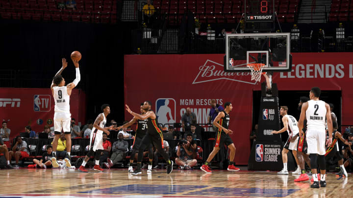 LAS VEGAS, NV – JULY 12: Gary Trent Jr. #9 of the Portland Trail Blazers shoots a 3-pointer during the game against the Atlanta Hawks during the 2018 Las Vegas Summer League on July 12, 2018 at the Thomas & Mack Center in Las Vegas, Nevada. NOTE TO USER: User expressly acknowledges and agrees that, by downloading and or using this Photograph, user is consenting to the terms and conditions of the Getty Images License Agreement. Mandatory Copyright Notice: Copyright 2018 NBAE (Photo by Garrett Ellwood/NBAE via Getty Images)