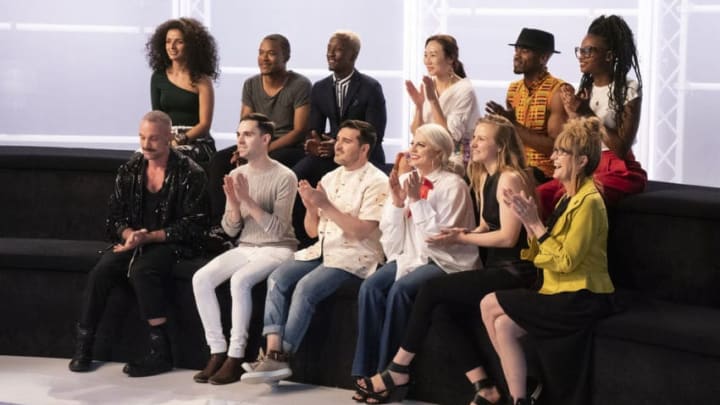PROJECT RUNWAY -- "The Ultimate Upcycle" Episode 1804 -- Pictured: (l-r) Geoffrey Mac, Victoria Cocieru, Tyler Neasonly, Delvin McCray, Shavi Lewis, sergio Guadarrama, Brittany Allen, Dayoung Kim, Melanie Trygg, Marquise Foster, Nancy Volpe-Beringer, Chelsey Carter -- (Photo by: Barbara Nitke/Bravo)