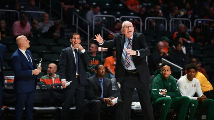 MIAMI, FL - JANUARY 30: Head coach Jim Larrañaga of the Miami Hurricanes directs his team against the Virginia Tech Hokies during the first half at Watsco Center on January 30, 2019 in Miami, Florida. (Photo by Mark Brown/Getty Images)