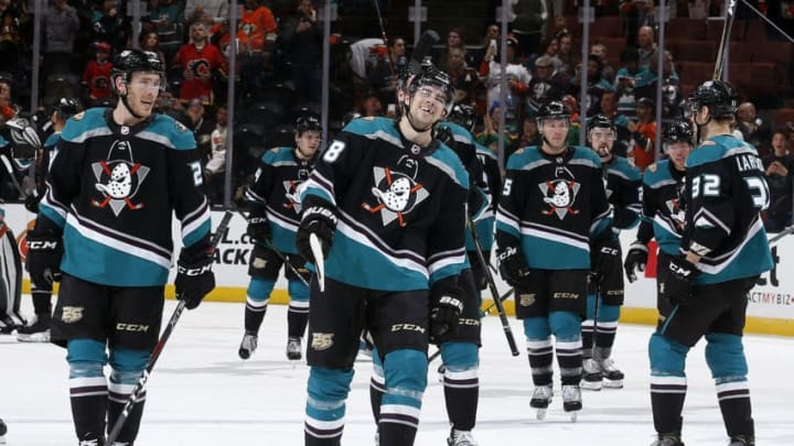 ANAHEIM, CA - APRIL 3: Derek Grant #38 and Carter Rowney #24 of the Anaheim Ducks celebrate their 3-1 win over the Calgary Flames on April 3, 2019 at Honda Center in Anaheim, California. (Photo by Debora Robinson/NHLI via Getty Images)