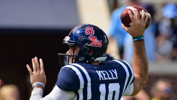 Sep 17, 2016; Oxford, MS, USA; Mississippi Rebels quarterback Chad Kelly (10) warms up before the game against the Alabama Crimson Tide at Vaught-Hemingway Stadium. Alabama won 48-43. Mandatory Credit: Matt Bush-USA TODAY Sports