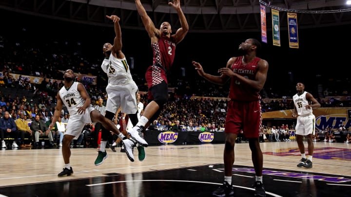 Mar 16, 2019; Norfolk, VA, USA; North Carolina Central Eagles forward Jibri Blount (2) shoots the ball against Norfolk State Spartans forward Jordan Butler (45) during the first half in the MEAC Tournament Final at The Scope. Mandatory Credit: Peter Casey-USA TODAY Sports