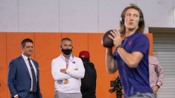 Jacksonville Jaguars head coach Urban Meyer watches star quarterback prospect Trevor Lawrence at his Pro Day (Photo by David Platt/Handout Photo via USA TODAY Sports)