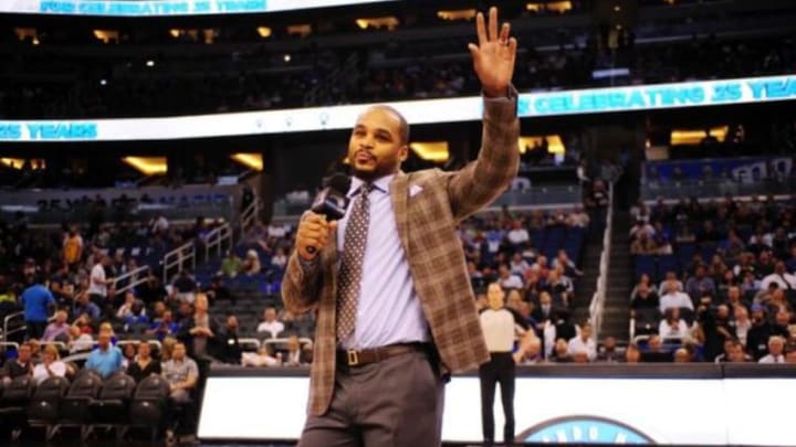 Apr 16, 2014; Orlando, FL, USA; Orlando Magic guard Jameer Nelson addresses the crowd in street clothes before the start of the game against the Indiana Pacers at Amway Center. Mandatory Credit: David Manning-USA TODAY Sports