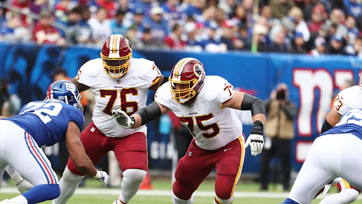 EAST RUTHERFORD, NJ – OCTOBER 28: Brandon Scherff #75 of the Washington Redskins in action against the New york Giants during their game at MetLife Stadium on October 28, 2018 in East Rutherford, New Jersey. (Photo by Al Bello/Getty Images)