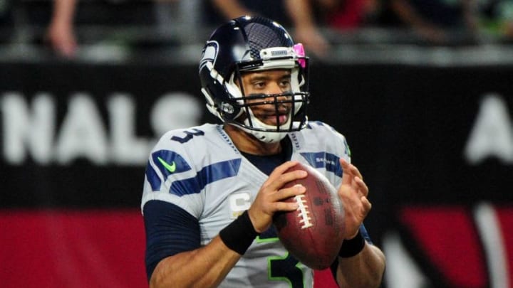Oct 23, 2016; Glendale, AZ, USA; Seattle Seahawks quarterback Russell Wilson (3) looks on prior to the game against the Arizona Cardinals at University of Phoenix Stadium. Mandatory Credit: Matt Kartozian-USA TODAY Sports