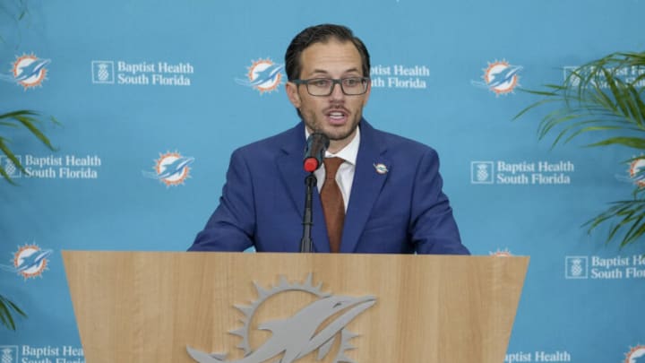 MIAMI GARDENS, FLORIDA - FEBRUARY 10: Miami Dolphins Head Coach Mike McDaniel talks to the media during a press conference at Baptist Health Training Complex on February 10, 2022 in Miami Gardens, Florida. McDaniel will be replacing the Dolphins' former head coach Brian Flores, who was fired on January 10 after back-to-back winning seasons. (Photo by Eric Espada/Getty Images)