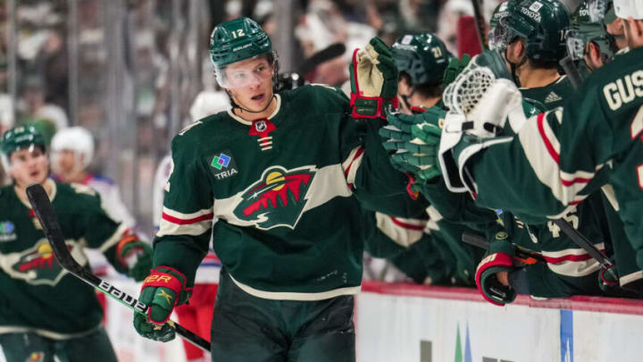 Matt Boldy had two goals for the Minnesota Wild in Thursday's season-opening loss to the New York Rangers. Minnesota hosts Los Angeles on Saturday.(Brace Hemmelgarn-USA TODAY Sports)