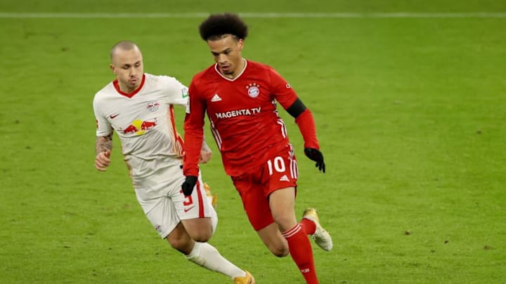 Bayern Munich winger Leroy Sane in action against RB Leipzig. (Photo by ALEXANDER HASSENSTEIN/POOL/AFP via Getty Images)