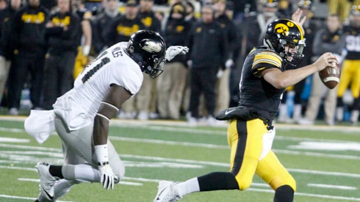 IOWA CITY, IOWA- NOVEMBER 18: Quarterback Nate Stanley