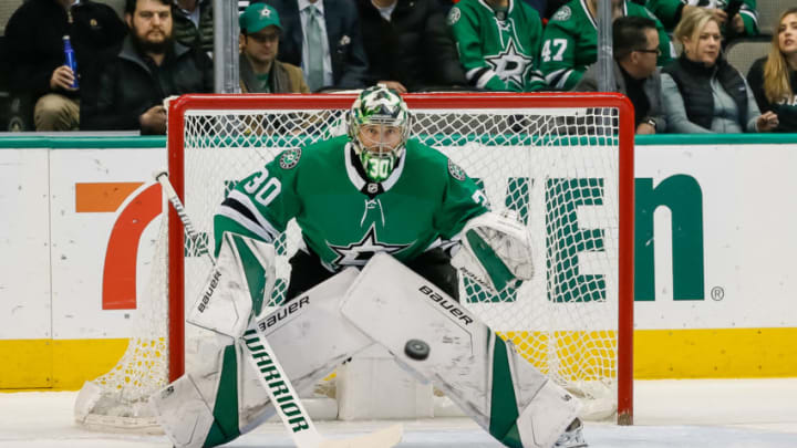 DALLAS, TX - JANUARY 30: Dallas Stars goaltender Ben Bishop (30) watches the puck fly towards him during the game between the Dallas Stars and the Buffalo Sabres on January 30, 2019 at the American Airlines Center in Dallas, Texas. (Photo by Matthew Pearce/Icon Sportswire via Getty Images)