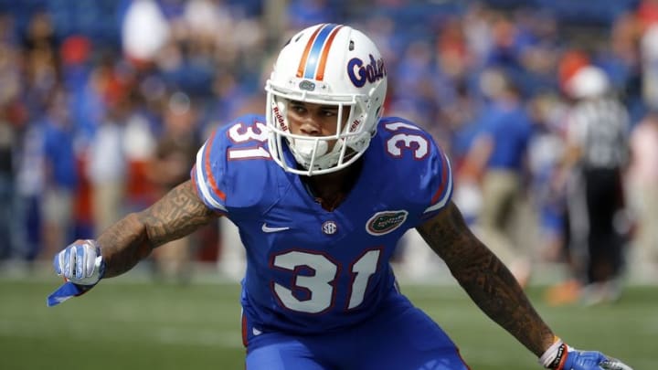 Nov 12, 2016; Gainesville, FL, USA; Florida Gators defensive back Teez Tabor (31) works out prior to the game against the South Carolina Gamecocks at Ben Hill Griffin Stadium. Mandatory Credit: Kim Klement-USA TODAY Sports