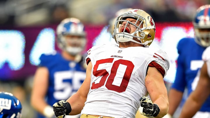 EAST RUTHERFORD, NJ – NOVEMBER 16: Chris Borland #50 of the San Francisco 49ers celebrates after a tackle against the New York Giants in the fourth quarter at MetLife Stadium on November 16, 2014 in East Rutherford, New Jersey. (Photo by Al Bello/Getty Images)