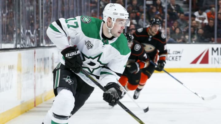 ANAHEIM, CA - APRIL 06: Devin Shore #17 of the Dallas Stars skates with the puck during the second period of the game against the Anaheim Ducks at Honda Center on April 6, 2018 in Anaheim, California. (Photo by Debora Robinson/NHLI via Getty Images) *** Local Caption ***