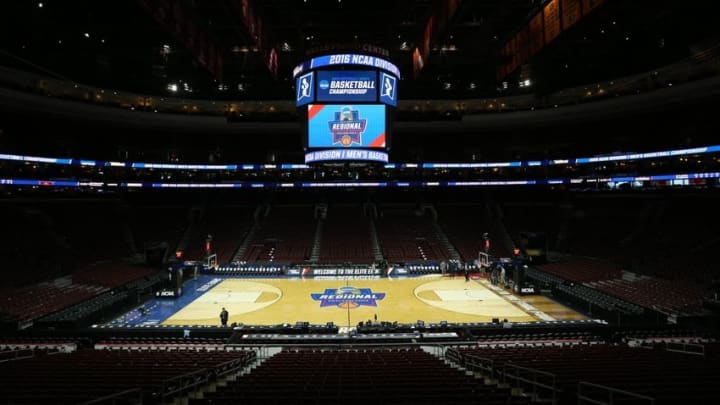 Mar 27, 2016; Philadelphia, PA, USA; General view of the court prior to the championship game in the East regional of the NCAA Tournament between the North Carolina Tar Heels and the Notre Dame Fighting Irish at Wells Fargo Center. Mandatory Credit: Bill Streicher-USA TODAY Sports