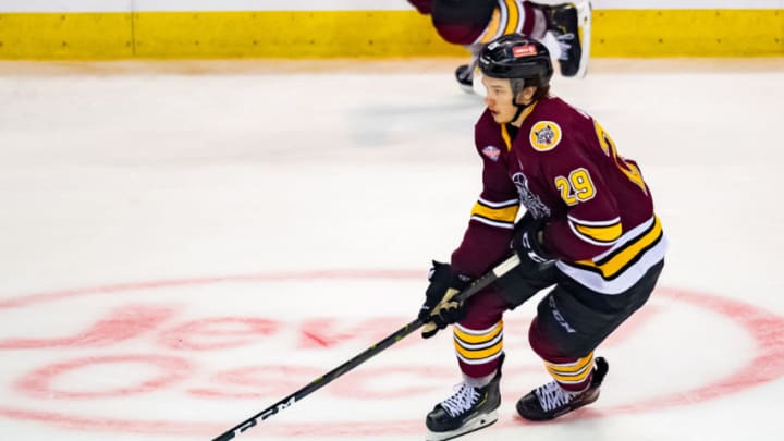 ROSEMONT, IL - JUNE 05: Chicago Wolves center Cody Glass (29) controls the puck during game three of the AHL Calder Cup Finals between the Charlotte Checkers and the Chicago Wolves on June 5, 2019, at the Allstate Arena in Rosemont, IL. (Photo by Patrick Gorski/Icon Sportswire via Getty Images)