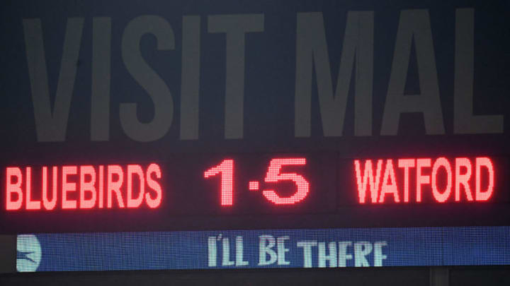CARDIFF, WALES - FEBRUARY 22: The scorebaord displays the full time result after the Premier League match between Cardiff City and Watford FC at Cardiff City Stadium on February 22, 2019 in Cardiff, United Kingdom. (Photo by Stu Forster/Getty Images)