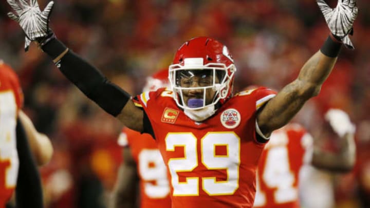 KANSAS CITY, MISSOURI – JANUARY 20: Eric Berry #29 of the Kansas City Chiefs reacts after a play in the fourth quarter against the New England Patriots during the AFC Championship Game at Arrowhead Stadium on January 20, 2019, in Kansas City, Missouri. (Photo by David Eulitt/Getty Images)