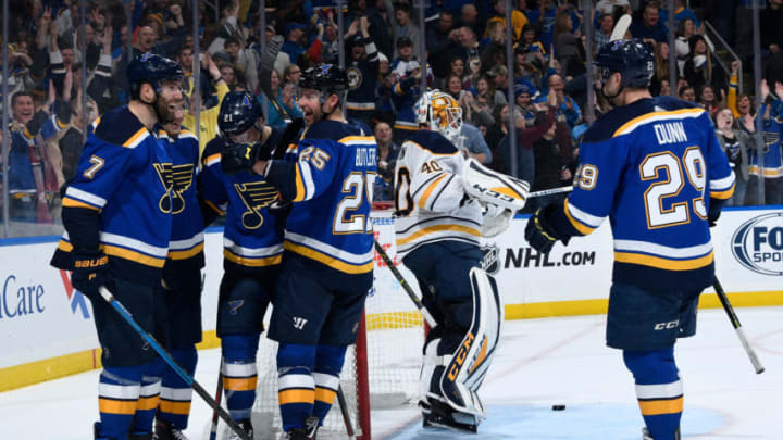 ST. LOUIS, MO - DECEMBER 27: Pat Maroon #7 of the St. Louis Blues is congratulated after scoring a goal against the Buffalo Sabres at Enterprise Center on December 27, 2018 in St. Louis, Missouri. (Photo by Scott Rovak/NHLI via Getty Images)