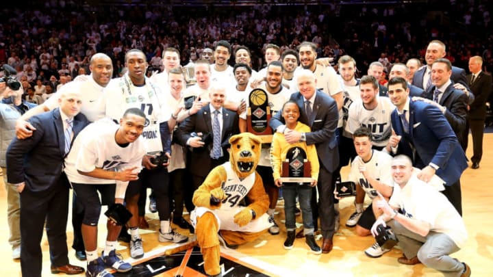NEW YORK, NY - MARCH 29: The Penn State Nittany Lions celebrate after defeating the Utah Utes 82-66 during the 2018 NIT Championship game at Madison Square Garden on March 29, 2018 in New York City. (Photo by Abbie Parr/Getty Images)