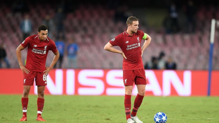 NAPLES, ITALY - OCTOBER 03: Jordan Henderson and Trent Alexander-Arnold of Liverpool stand disappointed during the Group C match of the UEFA Champions League between SSC Napoli and Liverpool at Stadio San Paolo on October 3, 2018 in Naples, Italy. (Photo by Francesco Pecoraro/Getty Images)