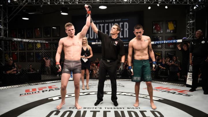 LAS VEGAS, NV - AUGUST 15: (L-R) Grant Dawson celebrates his submission victory over Adrian Diaz in their featherweight bout during Dana White's Tuesday Night Contender Series at the TUF Gym on August 15, 2017 in Las Vegas, Nevada. (Photo by Brandon Magnus/DWTNCS)