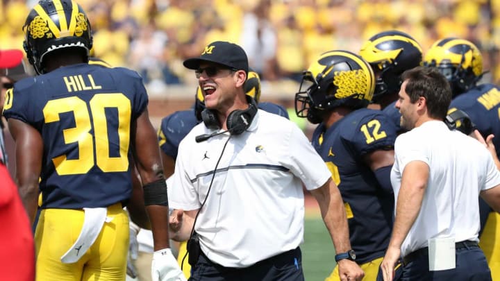 Michigan Wolverines head coach Jim Harbaugh on the sidelines during second half action against the Western Michigan Broncos on Saturday, Sept. 4, 2021.harbaugh happy