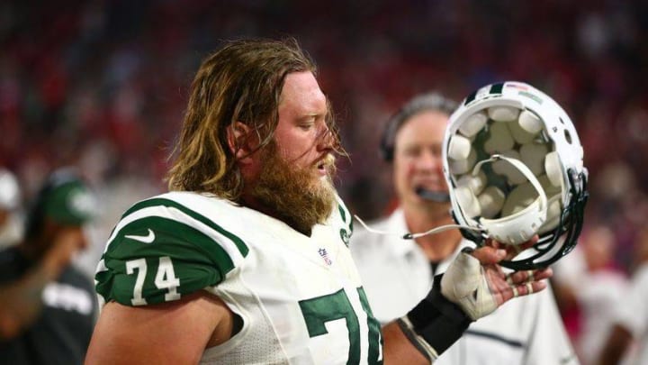 Oct 17, 2016; Glendale, AZ, USA; New York Jets center Nick Mangold (74) against the Arizona Cardinals at University of Phoenix Stadium. The Cardinals defeated the Jets 28-3. Mandatory Credit: Mark J. Rebilas-USA TODAY Sports