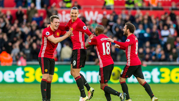 SWANSEA, WALES - NOVEMBER 06: Zlatan Ibrahimovic of Manchester United celebrates his goal during the Premier League match between Swansea City and Manchester United at The Liberty Stadium on November 06, 2016 in Swansea, Wales. (photo by Athena Pictures/Getty Images)