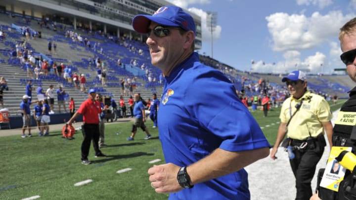 LAWRENCE, KS - SEPTEMBER 15: Head coach David Beaty of the Kansas Jayhawks runs off the field after their 55-14 win over the Rutgers Scarlet Knights at Memorial Stadium on September 15, 2018 in Lawrence, Kansas. (Photo by Ed Zurga/Getty Images)