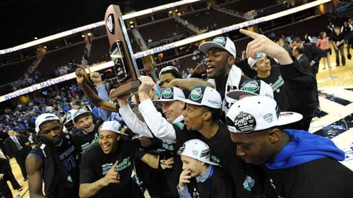Mar 14, 2015; Cleveland, OH, USA; The Buffalo Bulls players celebrate their win over the Central Michigan Chippewas in the championship game of the MAC Tournament at Quicken Loans Arena. The Bulls won 89-84. Mandatory Credit: Ken Blaze-USA TODAY Sports