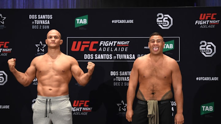ADELAIDE, AUSTRALIA - NOVEMBER 30: (L-R) Opponents Junior Dos Santos of Brazil and Tai Tuivasa of Australia pose for media and fans during the UFC Fight Night weigh-in event at Hilton Adelaide on November 30, 2018 in Adelaide, Australia. (Photo by Jeff Bottari/Zuffa LLC/Zuffa LLC via Getty Images)