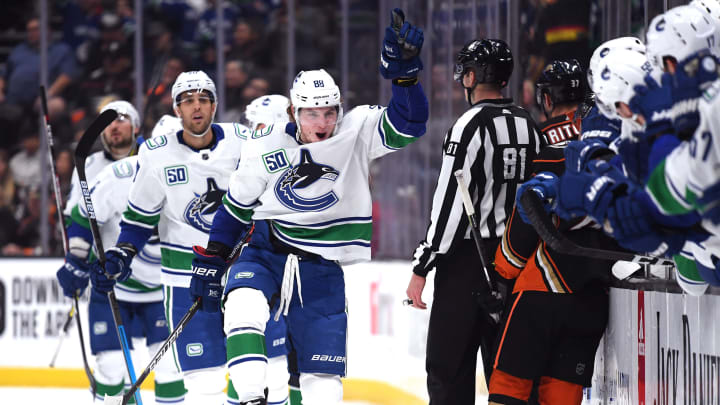 Adam Gaudette #88 of the Vancouver Canucks celebrates his goal. (Photo by Harry How/Getty Images)