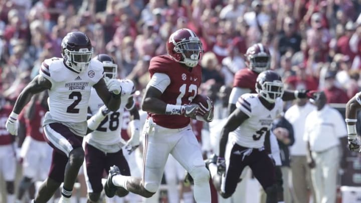 Nov 12, 2016; Tuscaloosa, AL, USA; Alabama Crimson Tide wide receiver ArDarius Stewart (13) catches a pass and runs for a touchdown against Mississippi State Bulldogs at Bryant-Denny Stadium. Mandatory Credit: Marvin Gentry-USA TODAY Sports