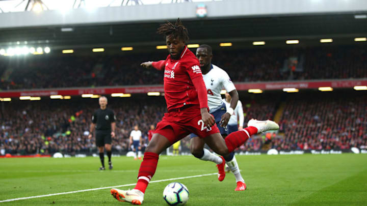 LIVERPOOL, ENGLAND - MARCH 31: Divok Origi of Liverpool during the Premier League match between Liverpool FC and Tottenham Hotspur at Anfield on March 31, 2019 in Liverpool, United Kingdom. (Photo by Clive Brunskill/Getty Images)