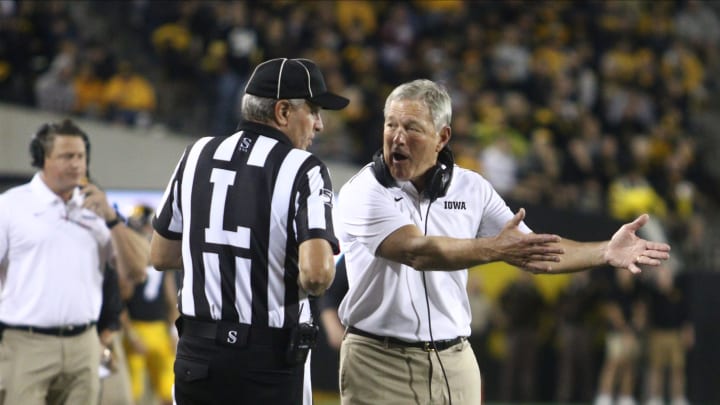 IOWA CITY, IOWA- AUGUST 31: Head coach Kirk Ferentz of the Iowa Hawkeyes argues a call in the second half of the match-up against the Miami Ohio RedHawks on August 31, 2019 at Kinnick Stadium in Iowa City, Iowa. (Photo by Matthew Holst/Getty Images)