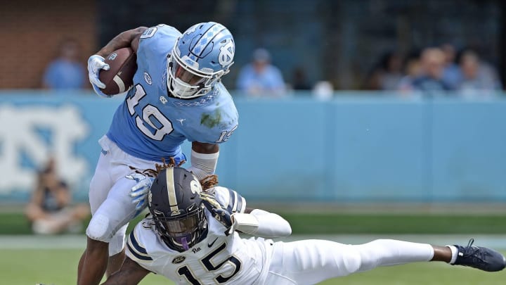 CHAPEL HILL, NC – SEPTEMBER 22: Jason Pinnock #15 of the Pittsburgh Panthers knocks Dazz Newsome #19 of the North Carolina Tar Heels out-of-bounds during their game at Kenan Stadium on September 22, 2018 in Chapel Hill, North Carolina. North Carolina won 38-35. (Photo by Grant Halverson/Getty Images)